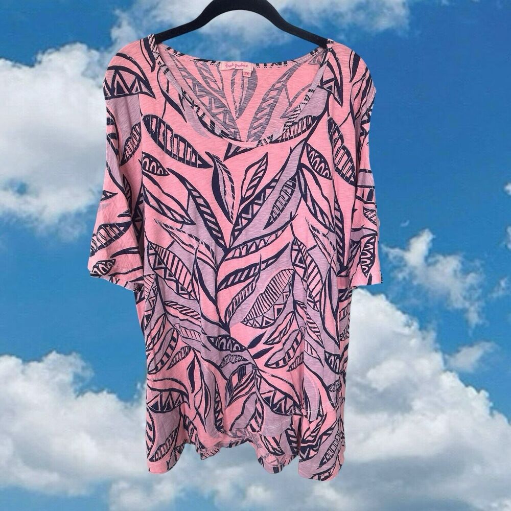 Fresh Produce Top Womens 2X Pink Leaves Tee Beachy Boho Cold Shoulder